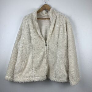 J Jill Jacket Womens 1X Ivory Full Zip Up Fuzzy Teddy Bear Jacket‎